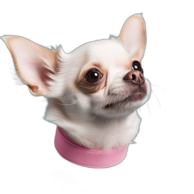 A photo of the cute face and head only of a white chihuahua dog with brown fur, wearing a pink collar and looking up at the camera on a black background, as a closeup shot, with high quality portrait photography and studio lighting to create an ultra realistic rendering of the subject in an extremely detailed and super high definition style.