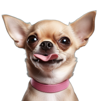 A hyper realistic photo of an adorable smiling Chihuahua with her tongue sticking out, wearing a pink collar on a black background, in the front view.