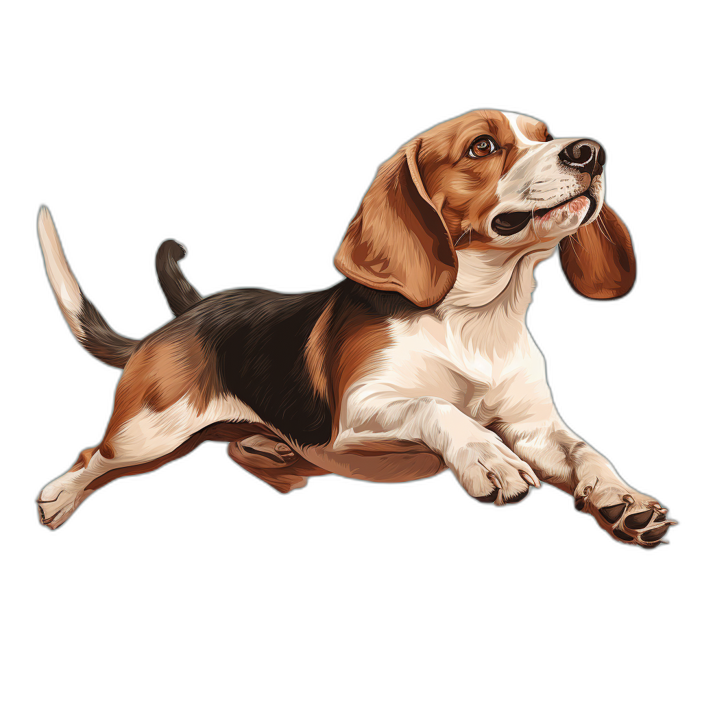 beagle dog jumping, vector illustration, clip art for tshirt design, black background, cute and happy, high resolution, hyper realistic