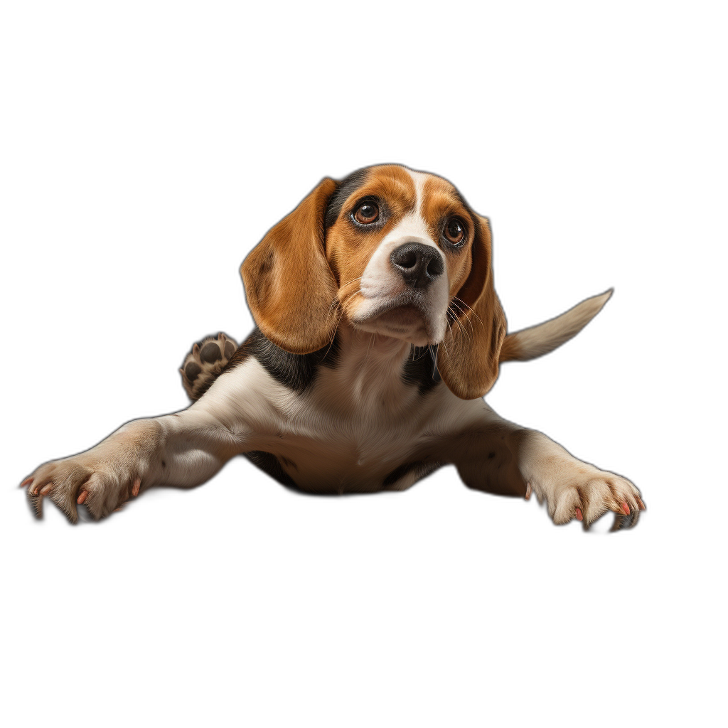 A beagle puppy lying on its side with paws outstretched isolated against a black background, in a full body portrait in the style of a high detail studio photo.