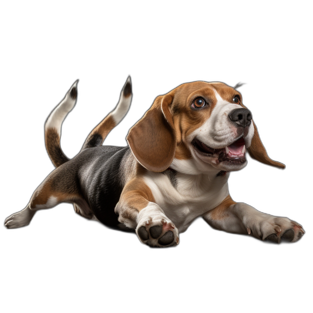 A playful Beagle puppy lying down, captured in mid-leap with its front paws outstretched and eyes wide open against a black background, shot from the side in a lively movement, with a photorealistic style in the style of Canon EOS R5 camera with an RF80mm f/2 lens for sharpness and detail.