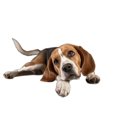 beagle lying down, front view, black background, Award winning photography