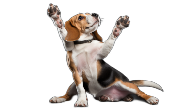 Beagle dog sitting and doing a high five isolated on a black background in a studio shot in the style of photorealistic soft light with a banner including a copy space area.