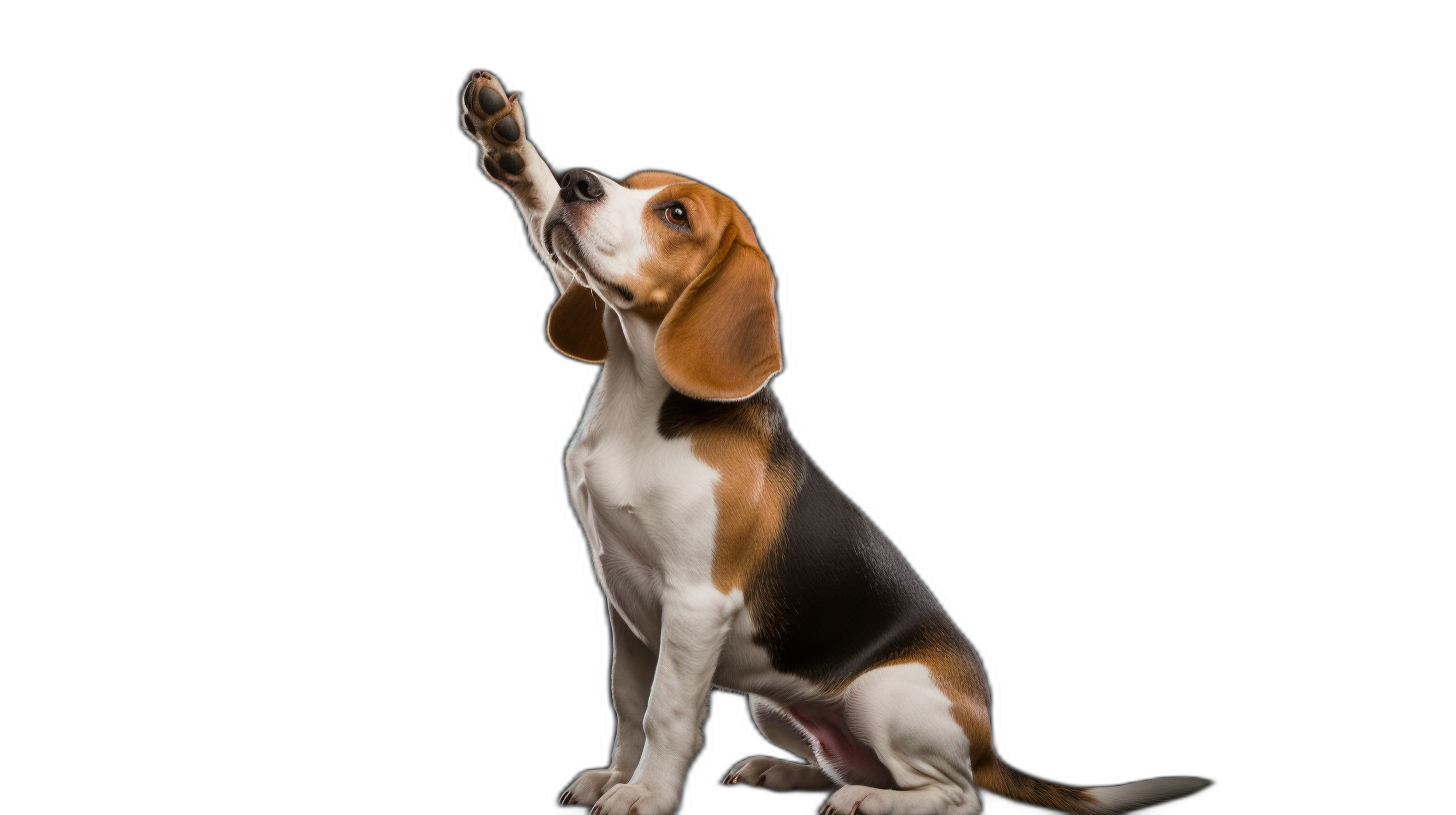 Beagle dog sitting and waving paw up isolated on black background, side view, Award winning photography of cute baby Beage with big ears , full body portrait photography in studio light, sharp focus, high resolution, hyperrealistic shot from the back, high quality