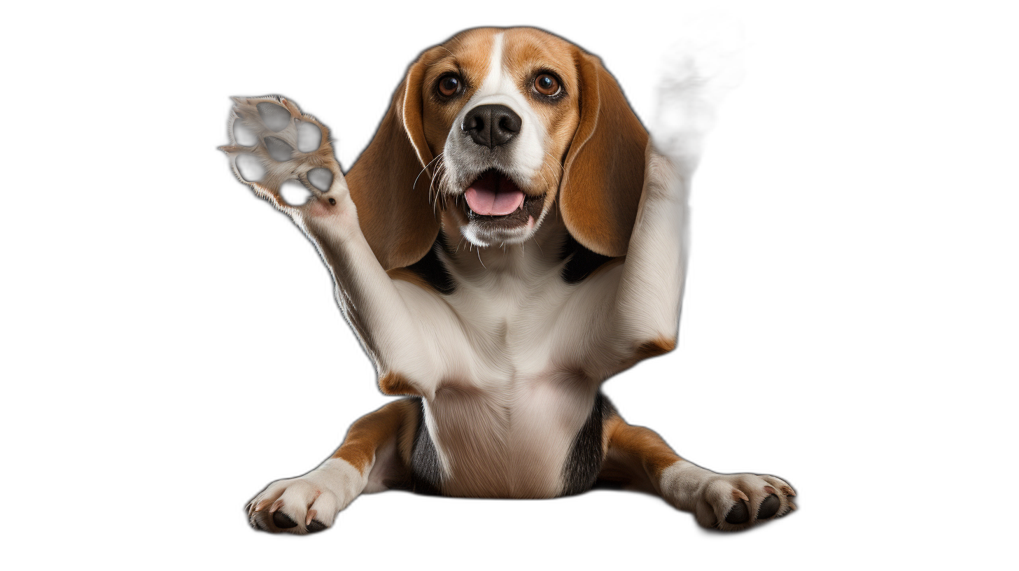 beagle dog sitting on the floor, happy face expression and open mouth with tongue out doing high five gesture, black background, full body portrait photography, studio lighting, high resolution photography, insanely detailed, fine details, isolated object, stock photo, award winning photographer, professional color grading