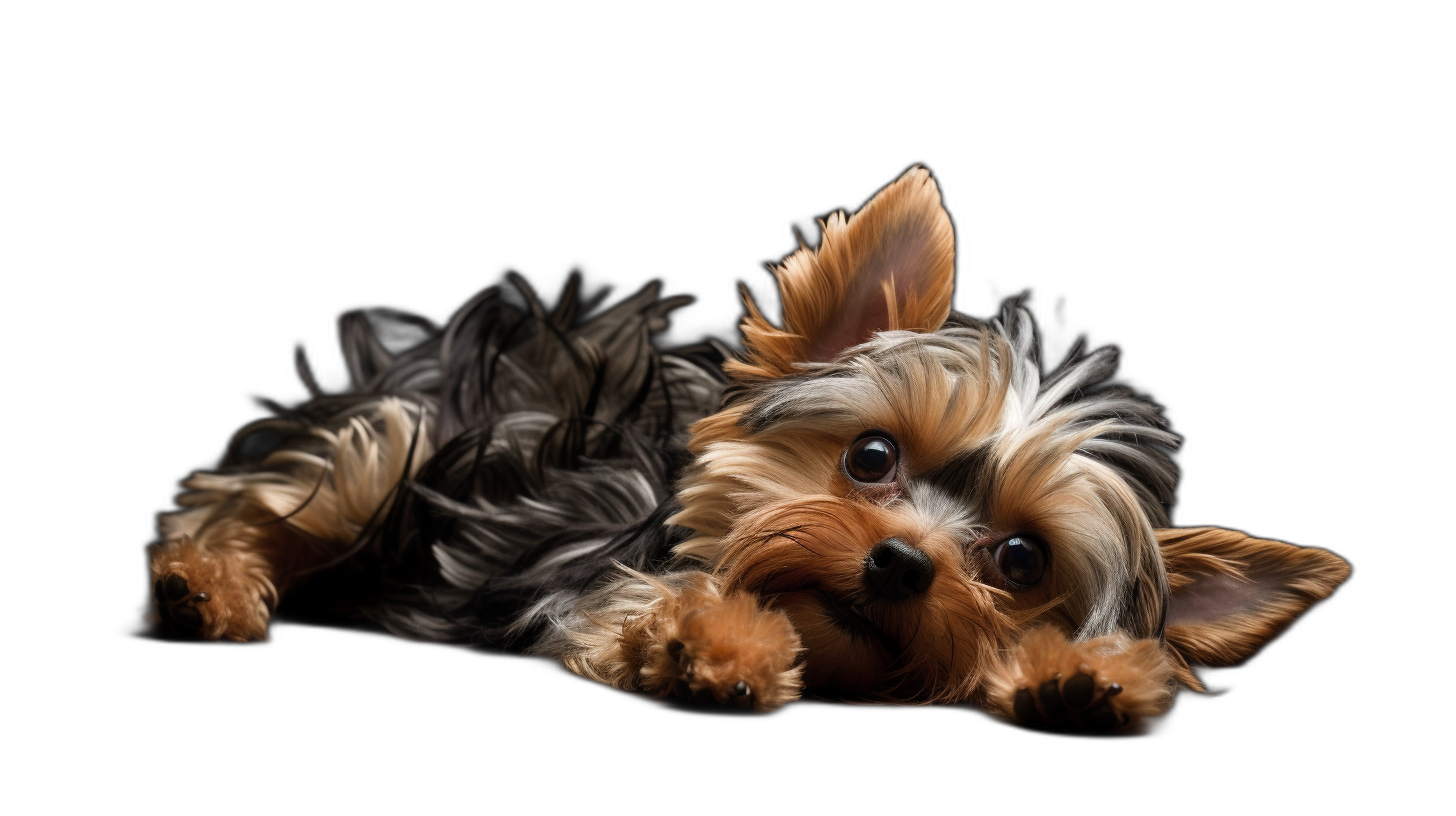 photorealistic portrait of Yorkshire Terrier dog lying down on black background, high definition photography