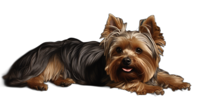 A full body illustration of the Yorkshire Terrier, lying down on a black background, in the digital art style.