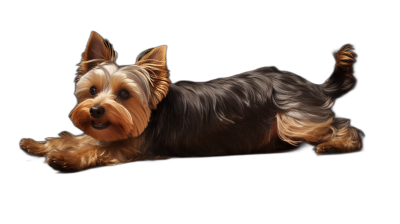 A full body portrait of Yorkshire Terrier dog in the style of digital painting, lying down on black background, detailed and realistic, side view, looking at camera, high resolution