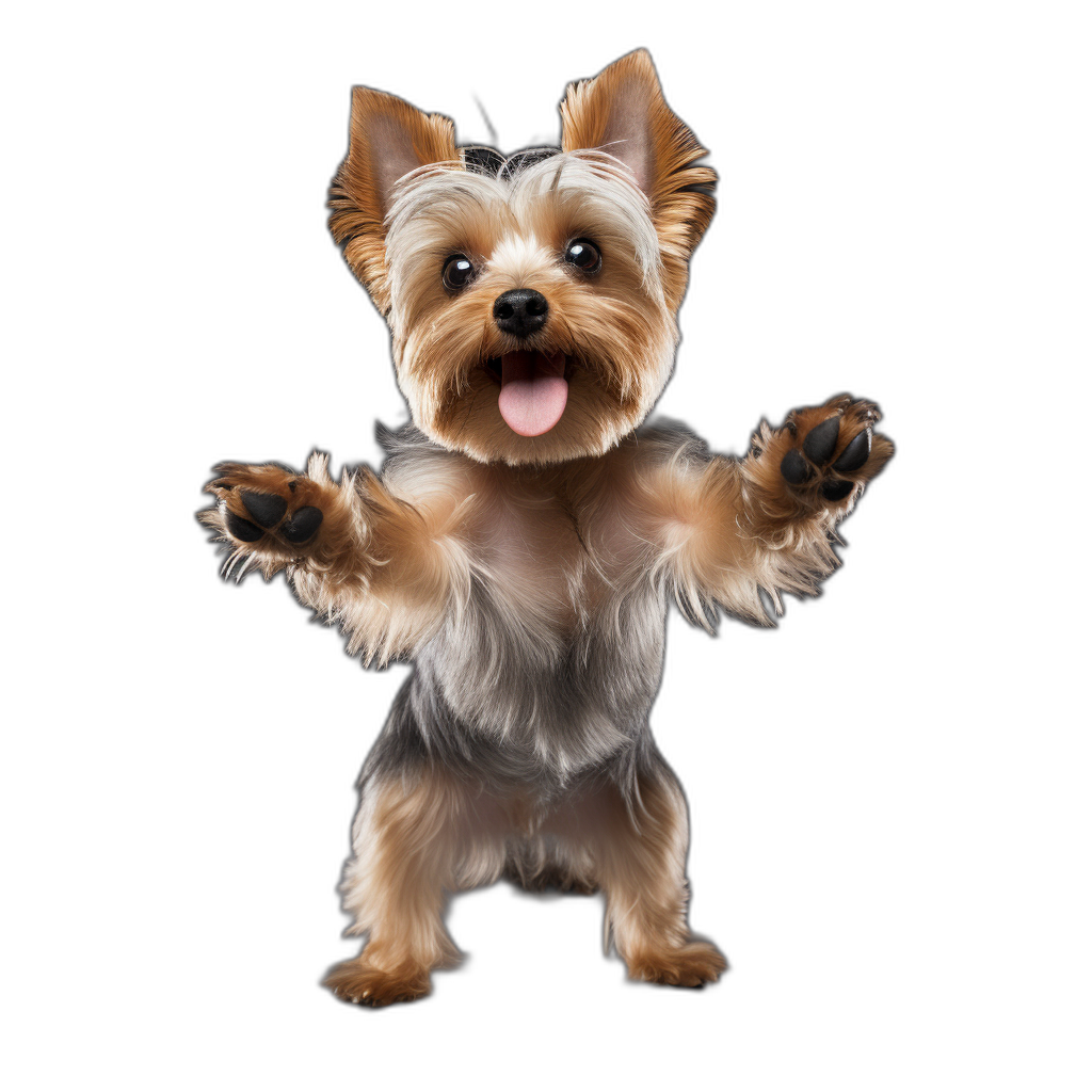 A full-body shot of a happy Yorkshire Terrier dog dancing, isolated on a black background, in an ultra-realistic photographic style.