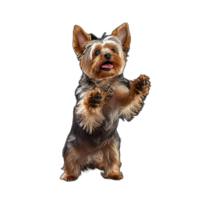 photorealistic full body portrait of happy Yorkshire Terrier standing on back legs, looking at camera and holding paws up in the air isolated black background