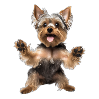 happy Yorkshire Terrier standing on hind legs and waving front paws, full body, photorealistic, black background, high resolution, ultra realistic photography