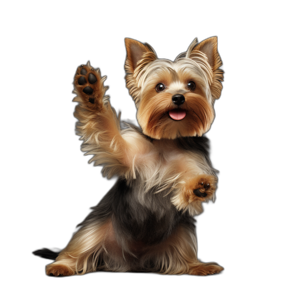 A cute Yorkshire Terrier dog sitting on two legs, raising its front paws up like giving high five gesture with happy expression in black background. Photorealistic illustration showing the cuteness and playfulness of little puppy