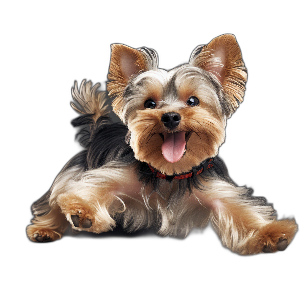 happy Yorkshire Terrier lying down, full body shot, hyper realistic illustration, isolated on black background