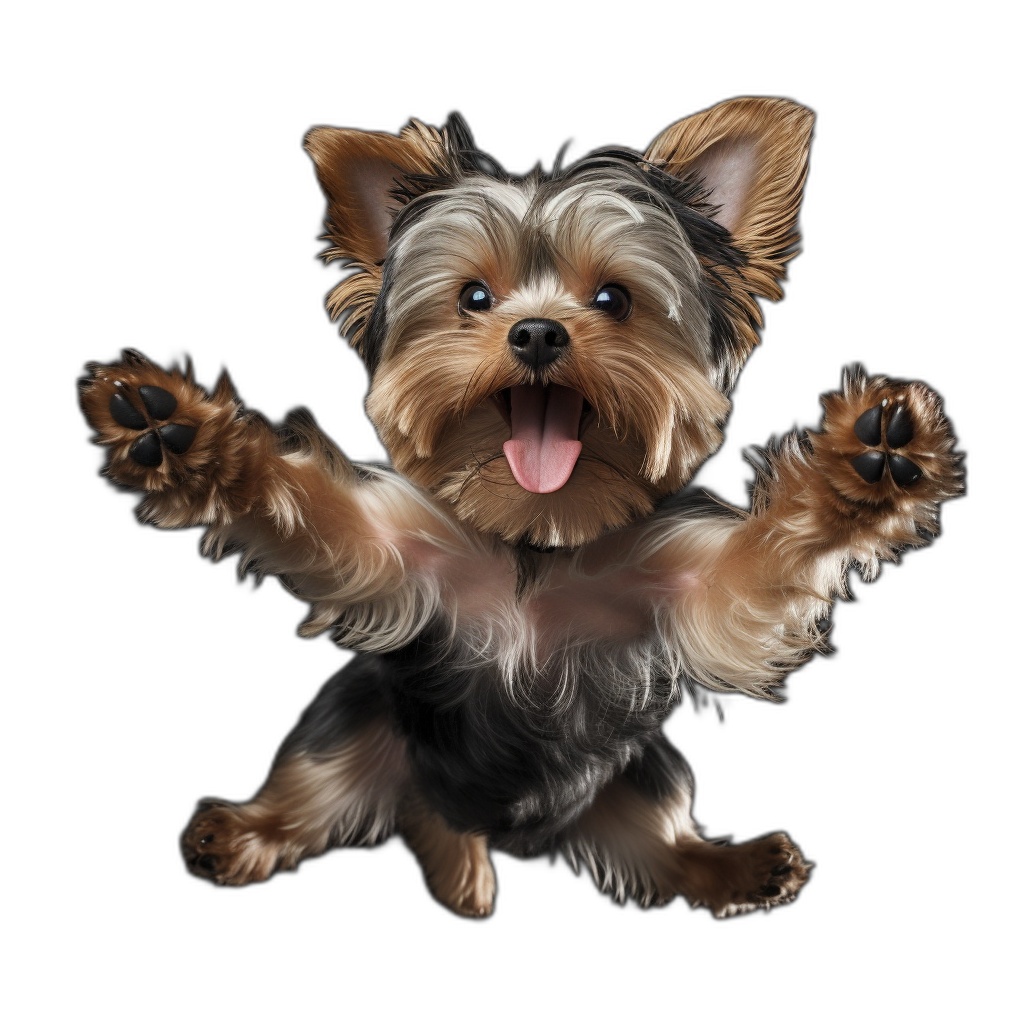 happy Yorkshire Terrier puppy jumping with paws outstretched, isolated on black background, photorealistic