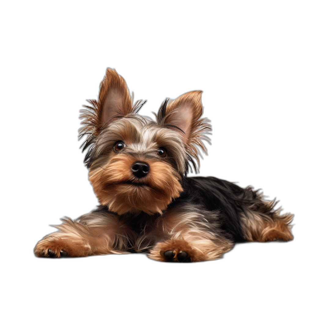 Photorealistic Yorkshire Terrier on a black background, lying down and looking at the camera, with high resolution and high details in the style of hyper realistic.