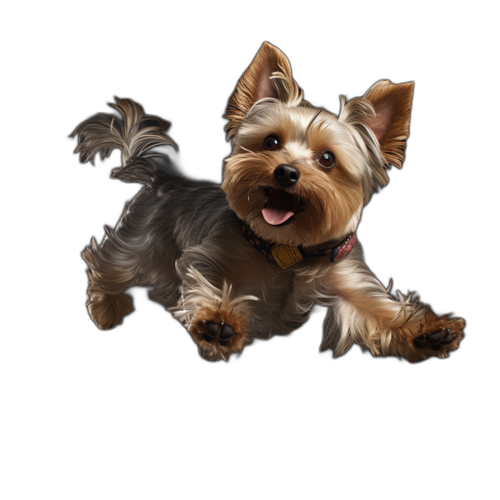 A cute Yorkshire Terrier dog is jumping, smiling and looking at the camera with his front paws on air, isolated black background, photorealistic, hyperrealism, high resolution photography, professional studio photoshoot, professional product photography lighting, high definition details