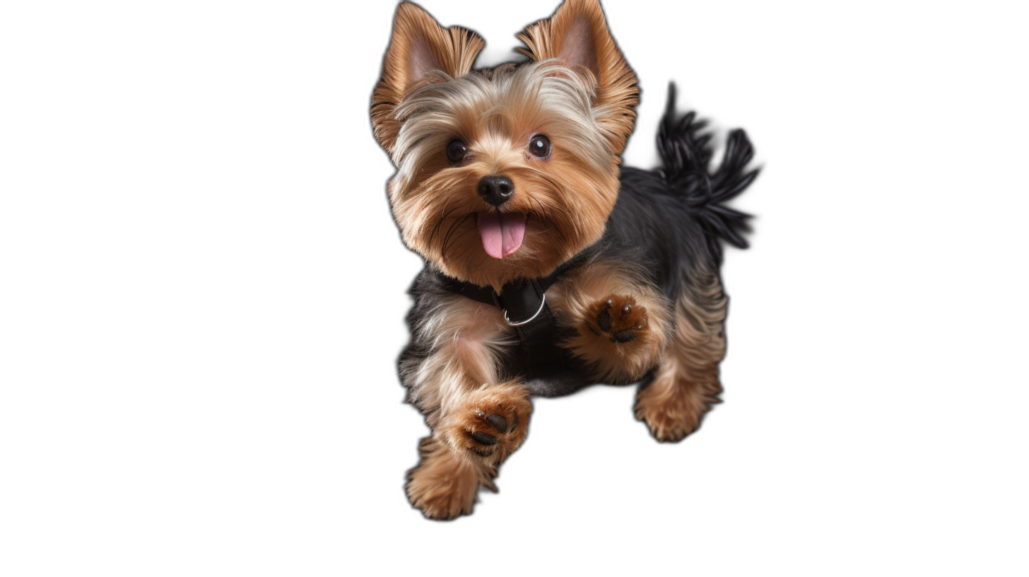 cute Yorkshire Terrier jumping on black background, high resolution photography, professional photograph, professional lighting, in the style of hyperdetailed