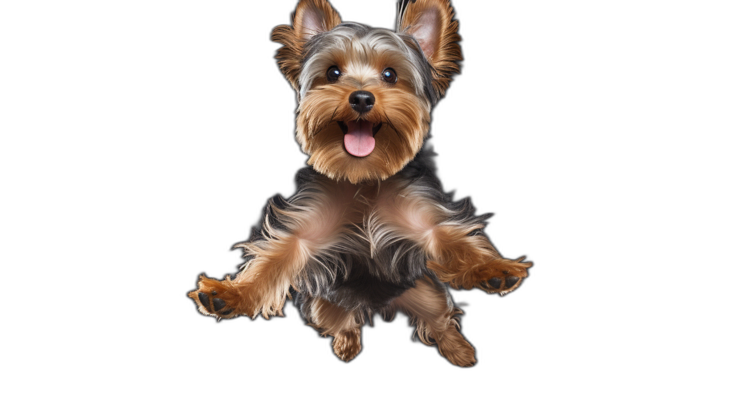 A cute Yorkshire Terrier dog jumping in the air, isolated on black background with clipping path. Full body portrait of happy and playful puppy flying. The concept for pet care business logo design or print advertising banner