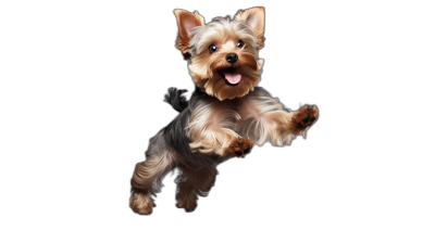 cute Yorkshire Terrier jumping on black background, full body, realistic photo