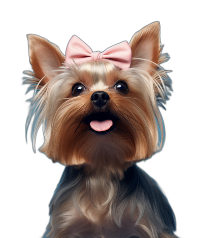 A hyper realistic portrait of a Yorkshire Terrier with a pink bow on its head, a happy facial expression, sitting in a front view against a black background, soft lighting, detailed skin texture, high resolution photography, an insanely sharp focus, a hyperrealistic illustration made in the style of oil painting.