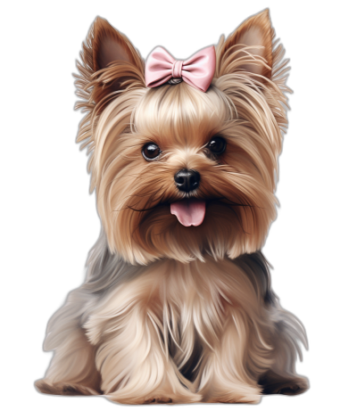 Illustration of A cute Yorkshire Terrier with pink bow on head, sitting for portrait photo isolated on black background ,in the style of digital painting and drawing, detailed character illustrations, full body, high resolution