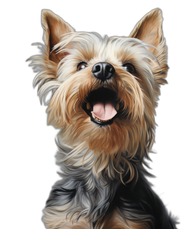 realistic digital illustration of happy Yorkshire Terrier, black background, portrait view