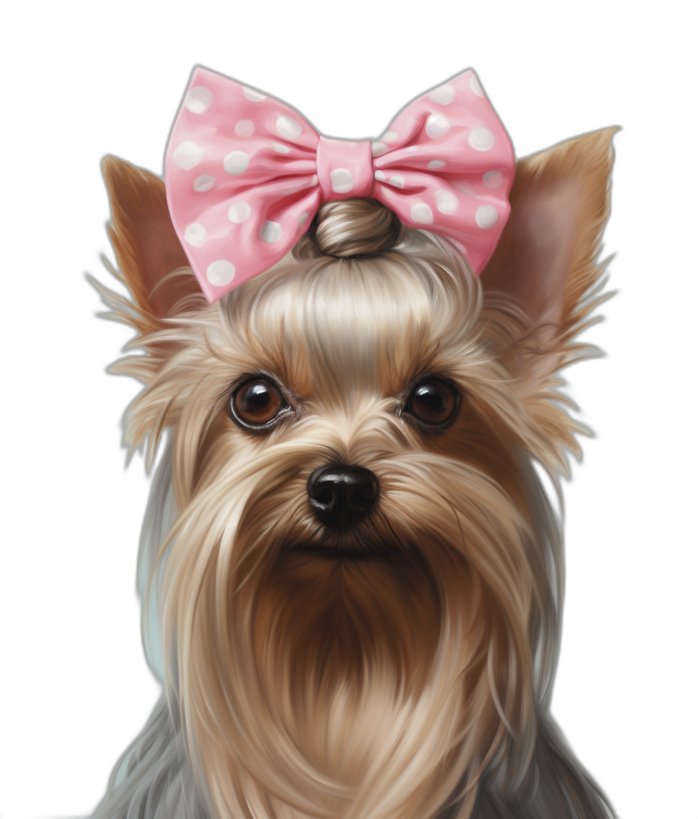 A hyper realistic digital painting of Yorkshire Terrier with pink polka dot bow on head, black background, cute, adorable, pink and white color tones, portrait view