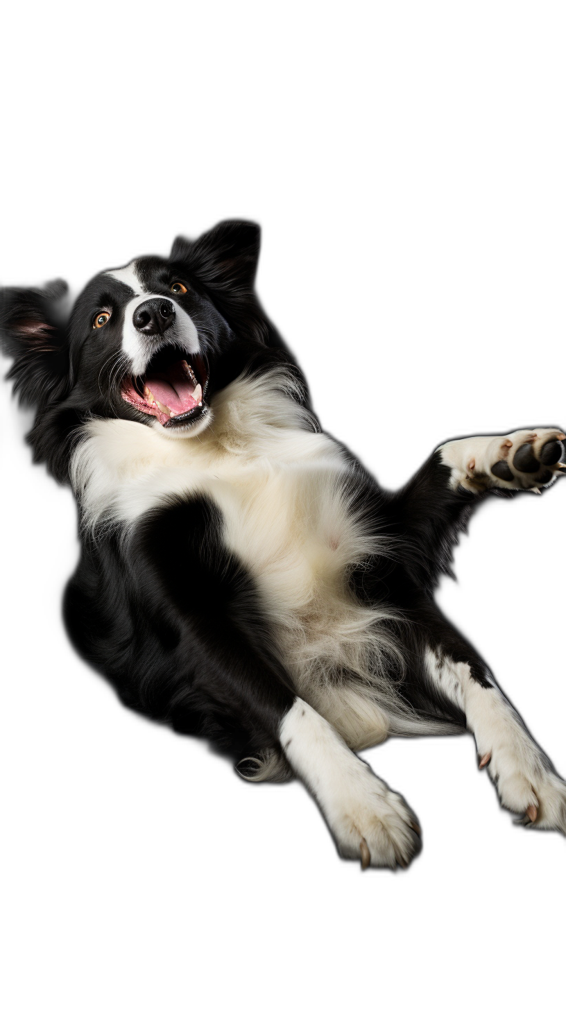 border collie dog lying on its back, playing with its paws in the air, happy expression, black background, professional photography studio lights, high definition, full body shot.