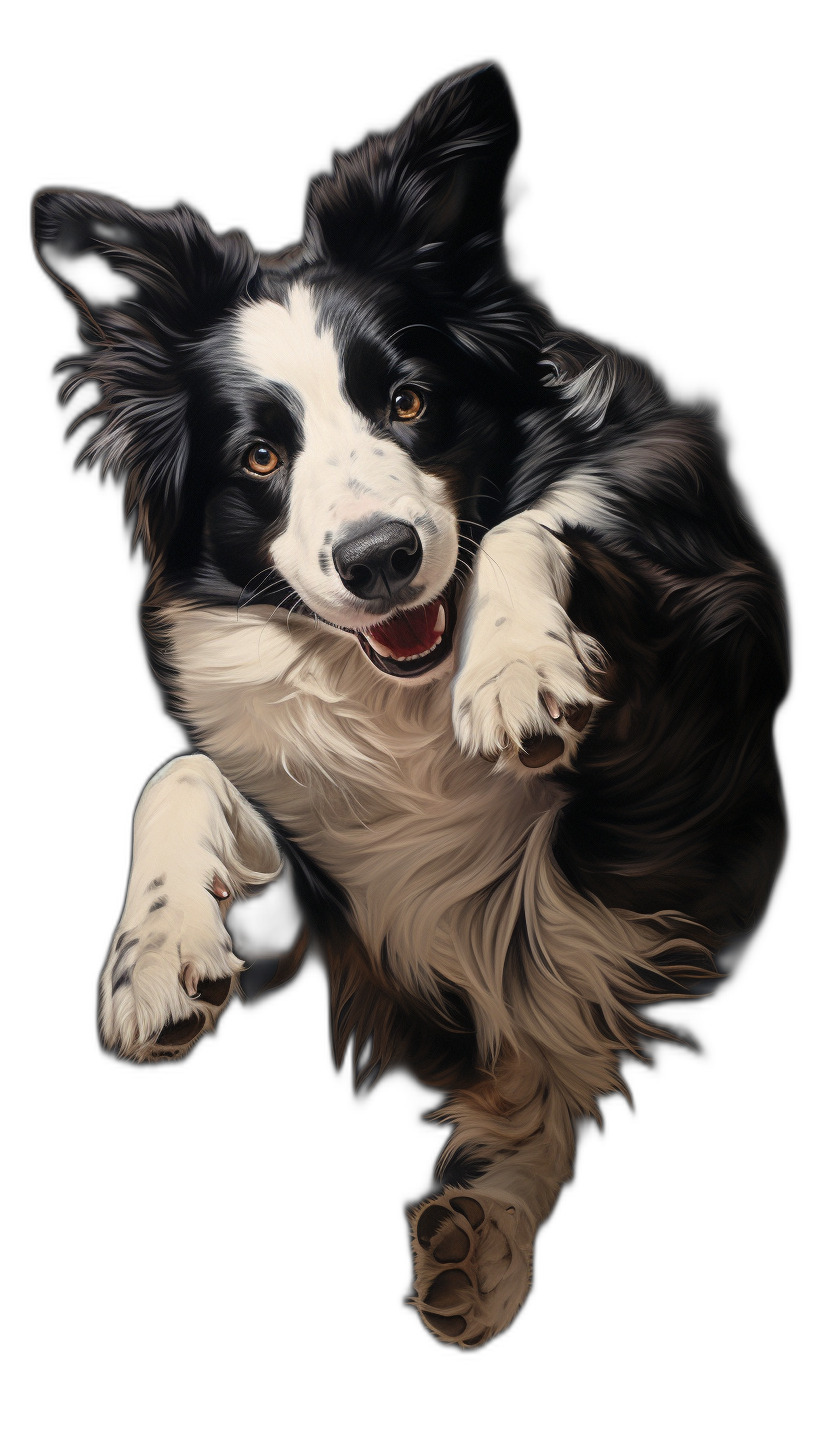 A realistic happy mainly black border collie dog is jumping, whole body visible, high angle view from above the head, pure dark background, photorealistic airbrushed painting