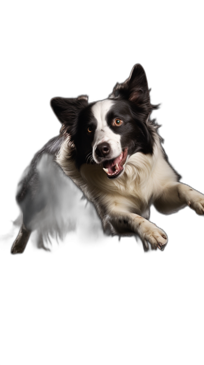 A professional Photograph of an realistic border collie in mid air, happy expression, full body shot, solid black background, high resolution digital photography using a canon r5 and f/8 with natural lighting , sharp focus on the dog's face, blurred edges