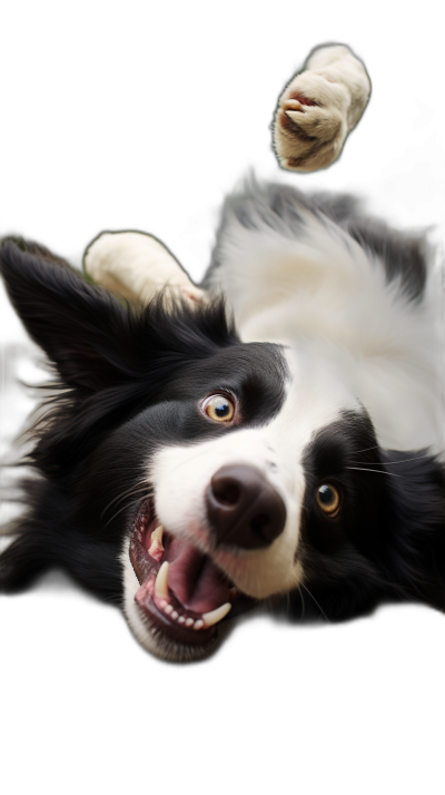 photorealistic portrait of happy border collie dog, laying on back with paws in the air, black background, shot from above