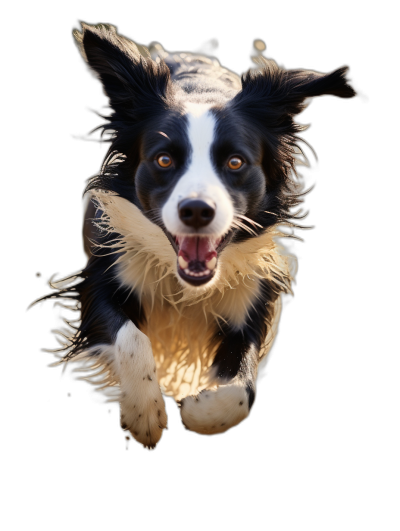 The border collie is jumping towards the camera with a happy face against a black background. The high resolution photography shows insanely detailed and intricate details with sharp focus in a hyper realistic style.