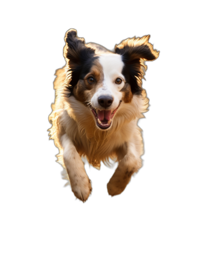 A border collie is jumping towards the camera with a happy expression on its face against a black background. The high resolution photography is in the hyper realistic style.