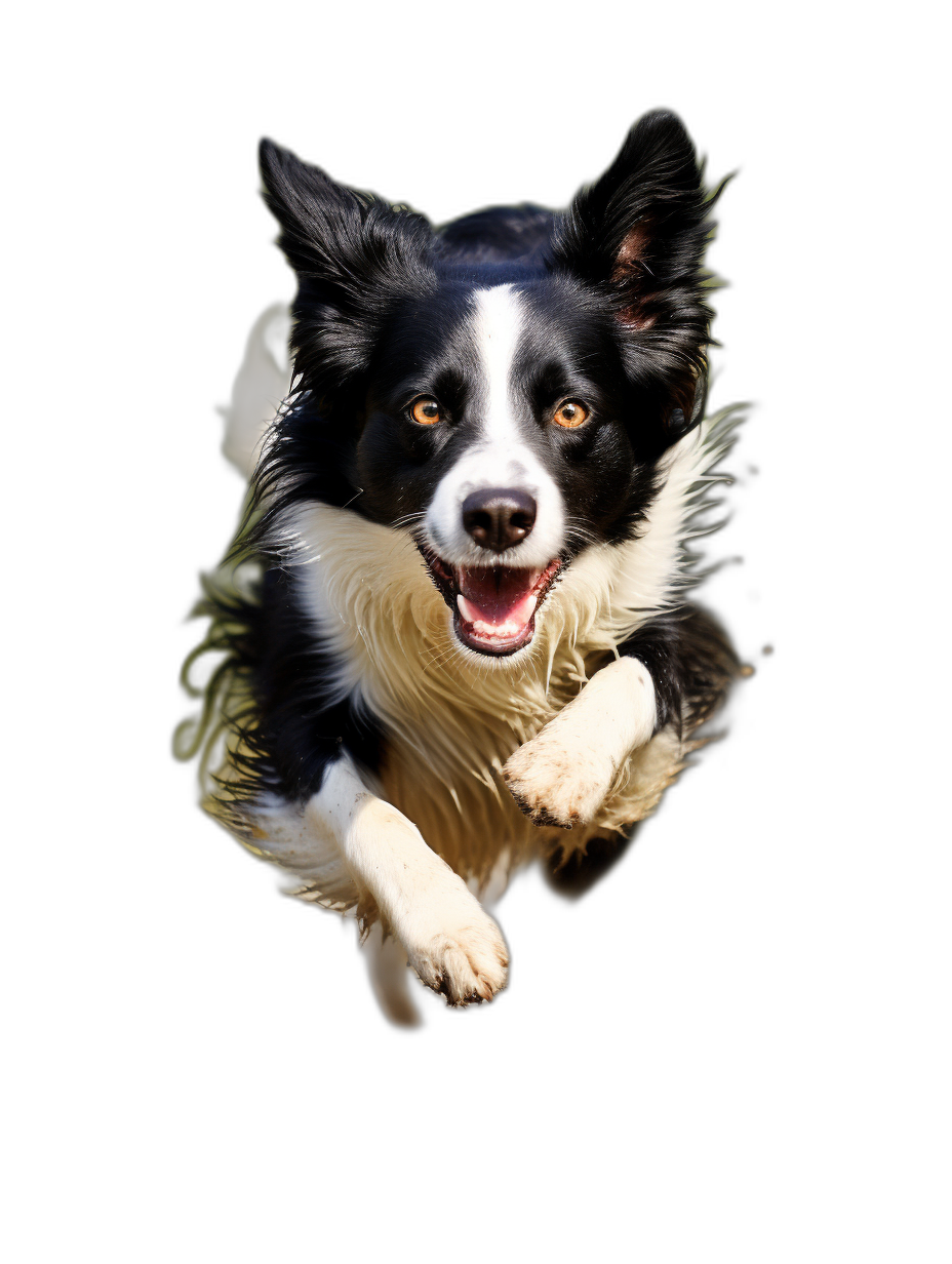 A border collie is jumping towards the camera with a happy face against a black background in the style of hyper realistic photography.