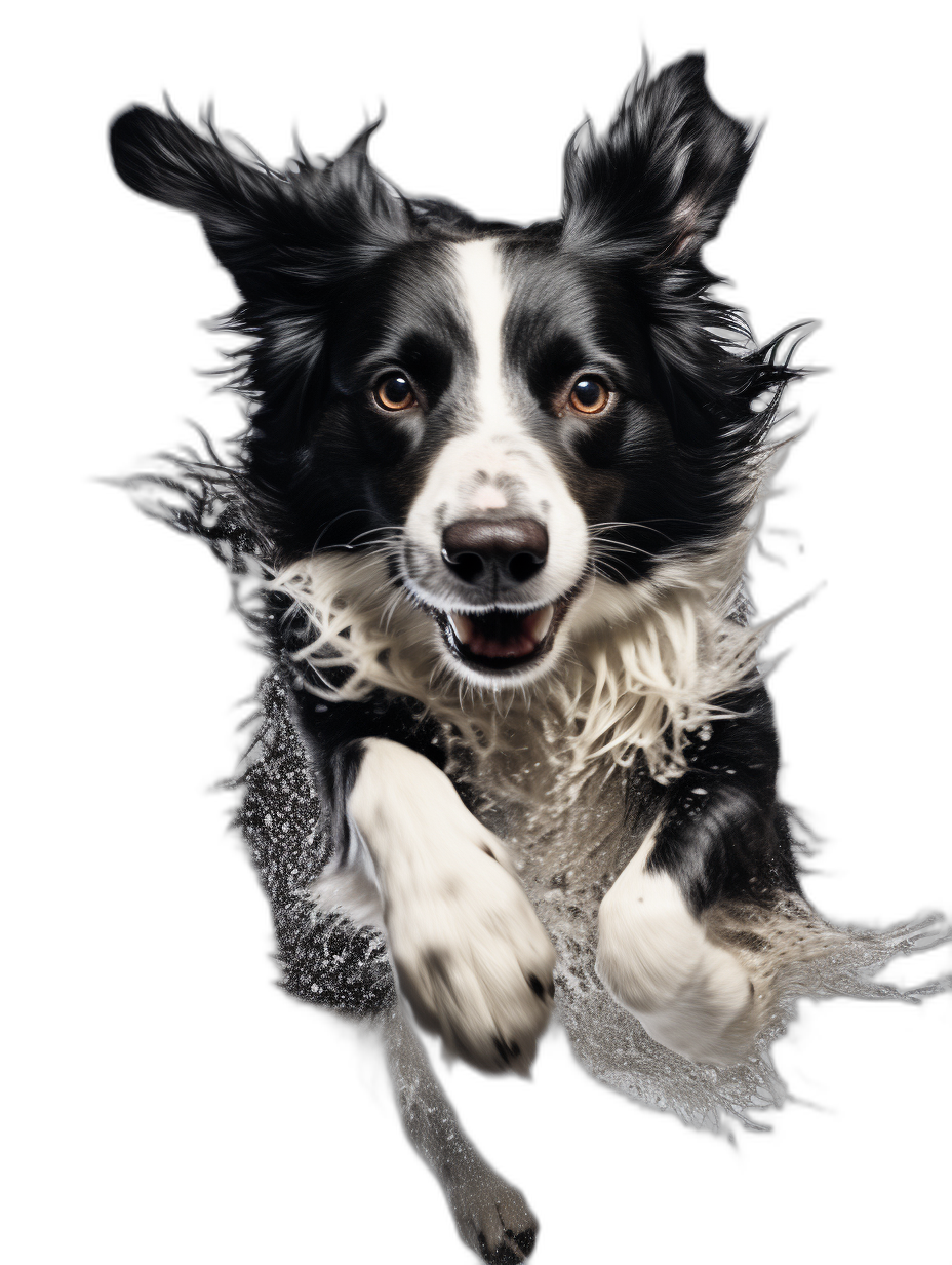 high definition photography of jumping border collie, black background, white and grey fur with beautiful details, playful, wide angle shot, hyper realistic, hyper detailed, high resolution