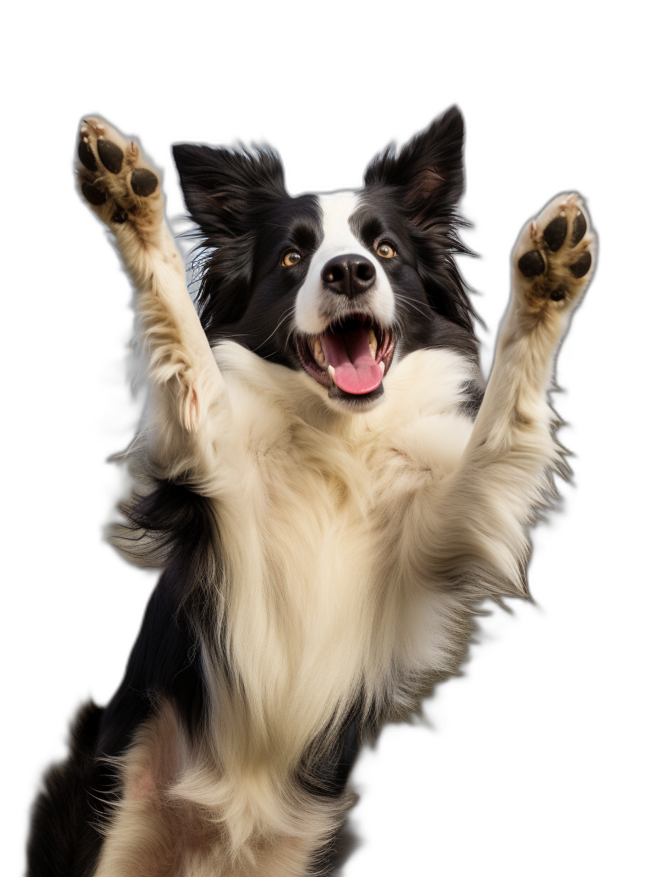 border collie dog happy and excited with his paws in the air, isolated on black background, high definition photography style