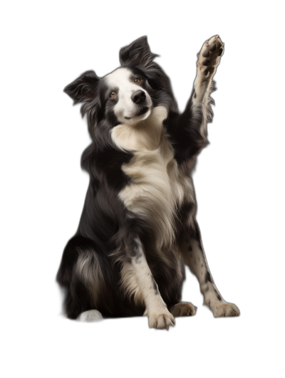 A black and white border collie sitting up, one paw raised in the air as if giving high five isolated on pure Black background. Photorealistic photography