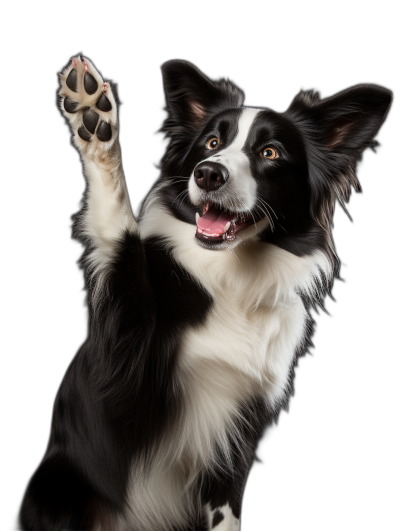 high resolution photography of happy border collie waving paw, studio shot on black background