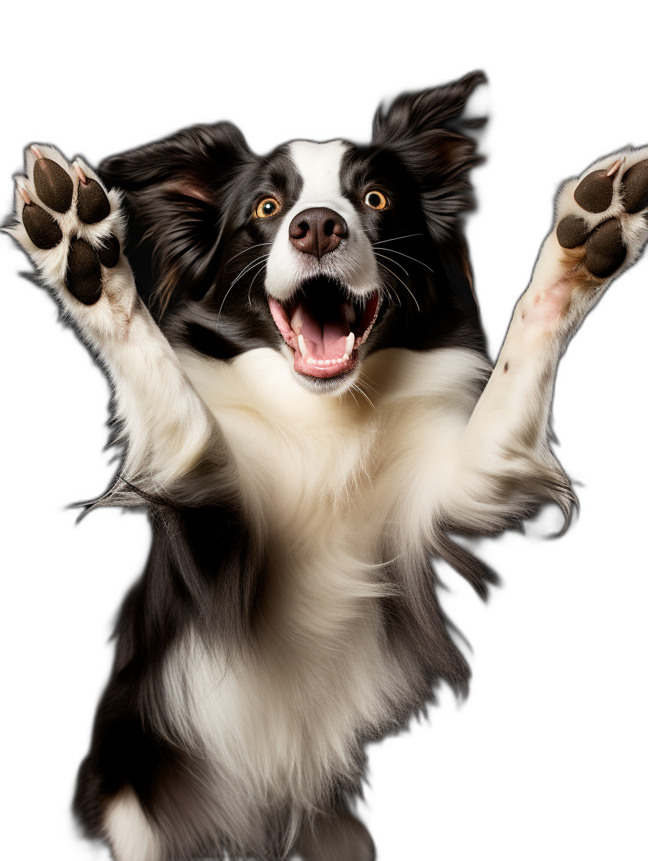 A happy border collie dog with his paws in the air against a black background. Award winning photography with professional color grading, soft shadows and clean sharp focus in the digital photograph.