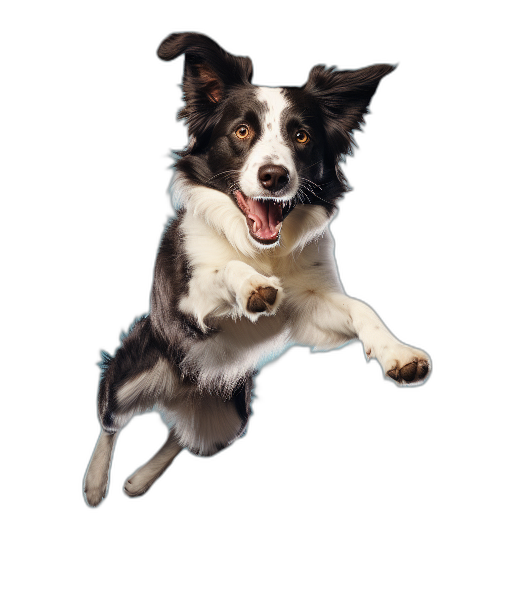 border collie jumping in the air, happy face, black background, in the style of hyper realistic photography