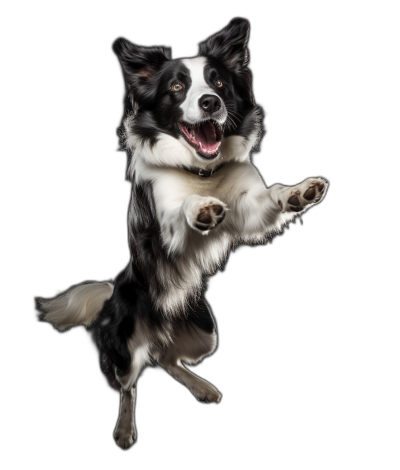 A realistic happy border collie jumping with his front paws in the air, isolated on black background, professional photography, studio lighting