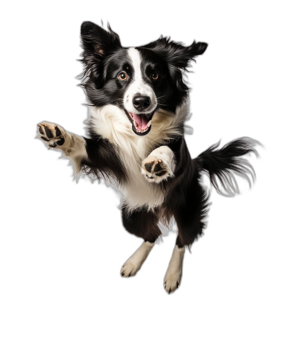 border collie jumping in the air, happy face, isolated on black background, hyper realistic photography