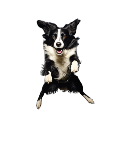 border collie jumping, happy face, black background, hyper realistic photography