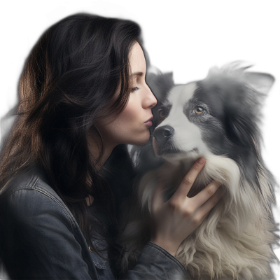 A beautiful woman kissing her border collie, dark background, photo studio lighting, hyper realistic