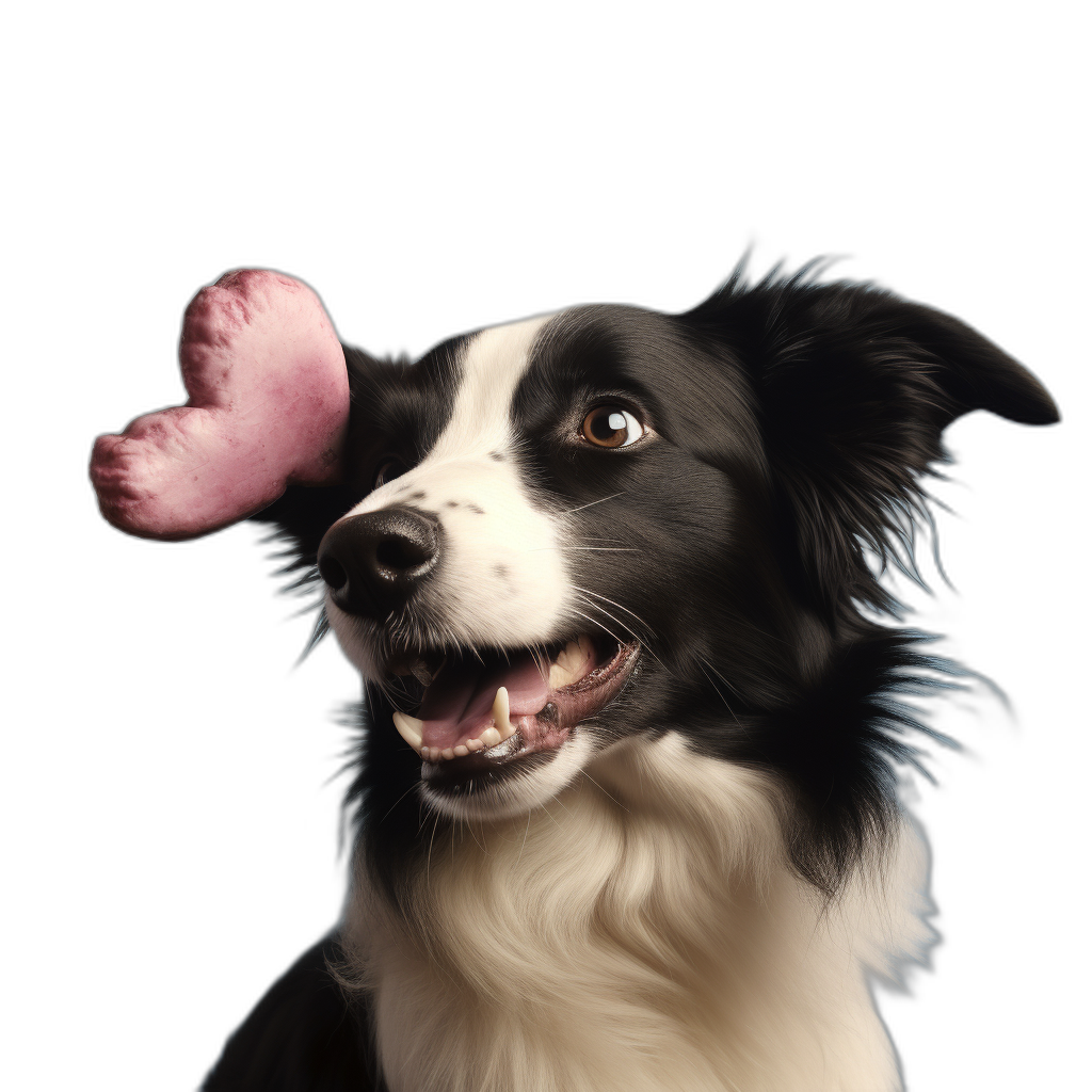 A realistic happy border collie dog with one pink heart-shaped ice cream on its nose, against a black background, in the hyperrealistic style, in the photo realism style, with high resolution digital photography, with high detail, in a cinematic style.