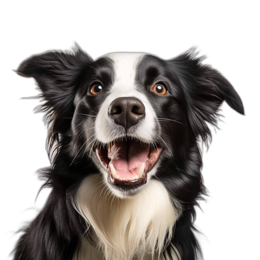 A cute border collie dog smiling with its mouth open, looking at the camera, on black background, professional photography studio photoshoot, soft lighting, high resolution