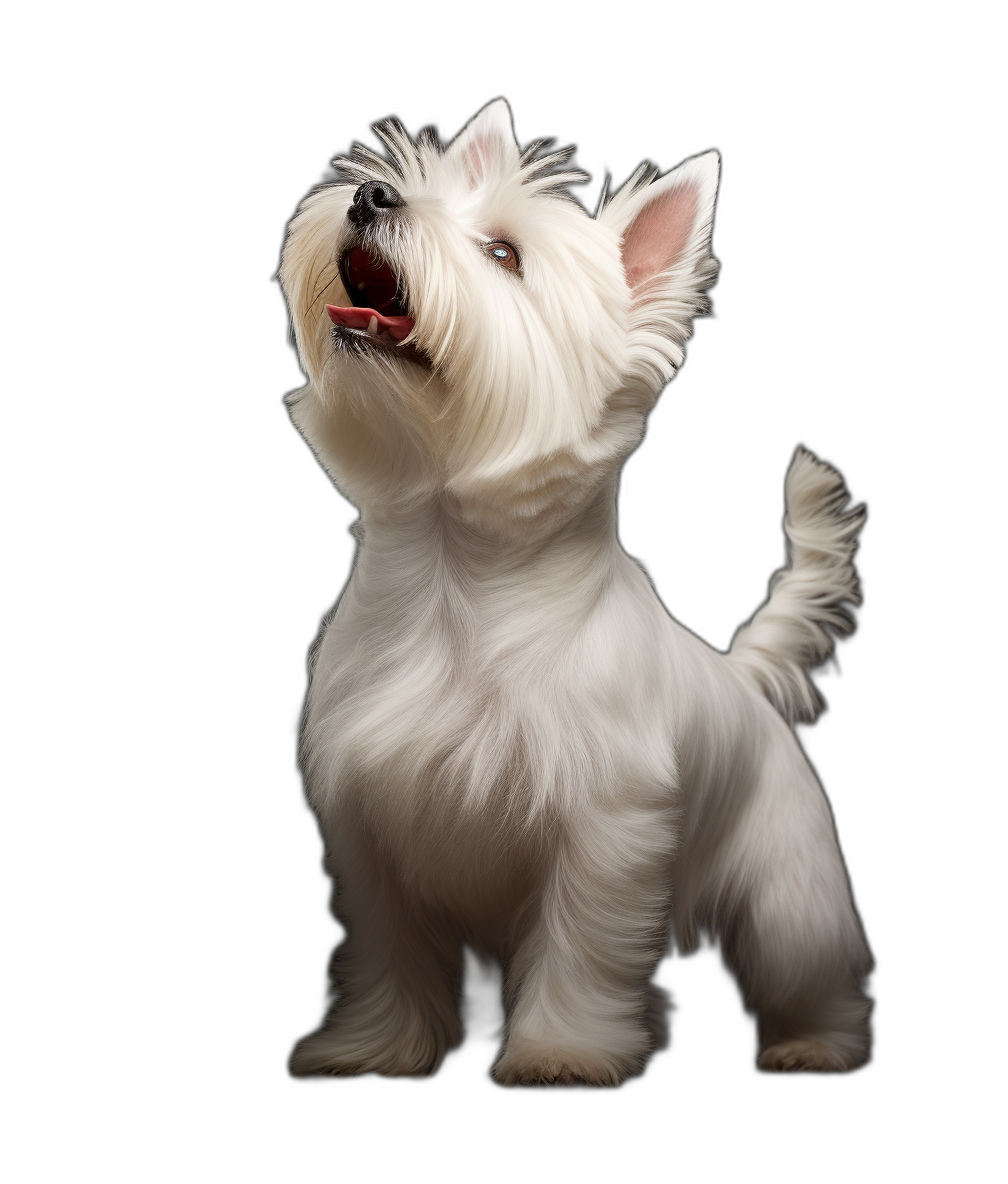 High quality photo of a happy West Highland White Terrier standing on a black background, full body view, looking up to the side with its mouth open. The photo is in the style of photorealistic with soft lighting and high resolution to appear hyper realistic.