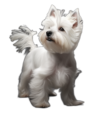 photorealistic full body portrait of white westie dog, standing on black background, hair is in the air, hair cut like pixar movie style, side view, shot from above