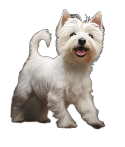 high quality digital art of west highland white terrier standing on black background, happy face, full body view