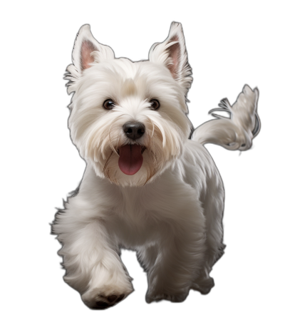 A full body shot of happy smiling West Highland White Terrier running towards the camera, isolated on black background , ultra realistic photography